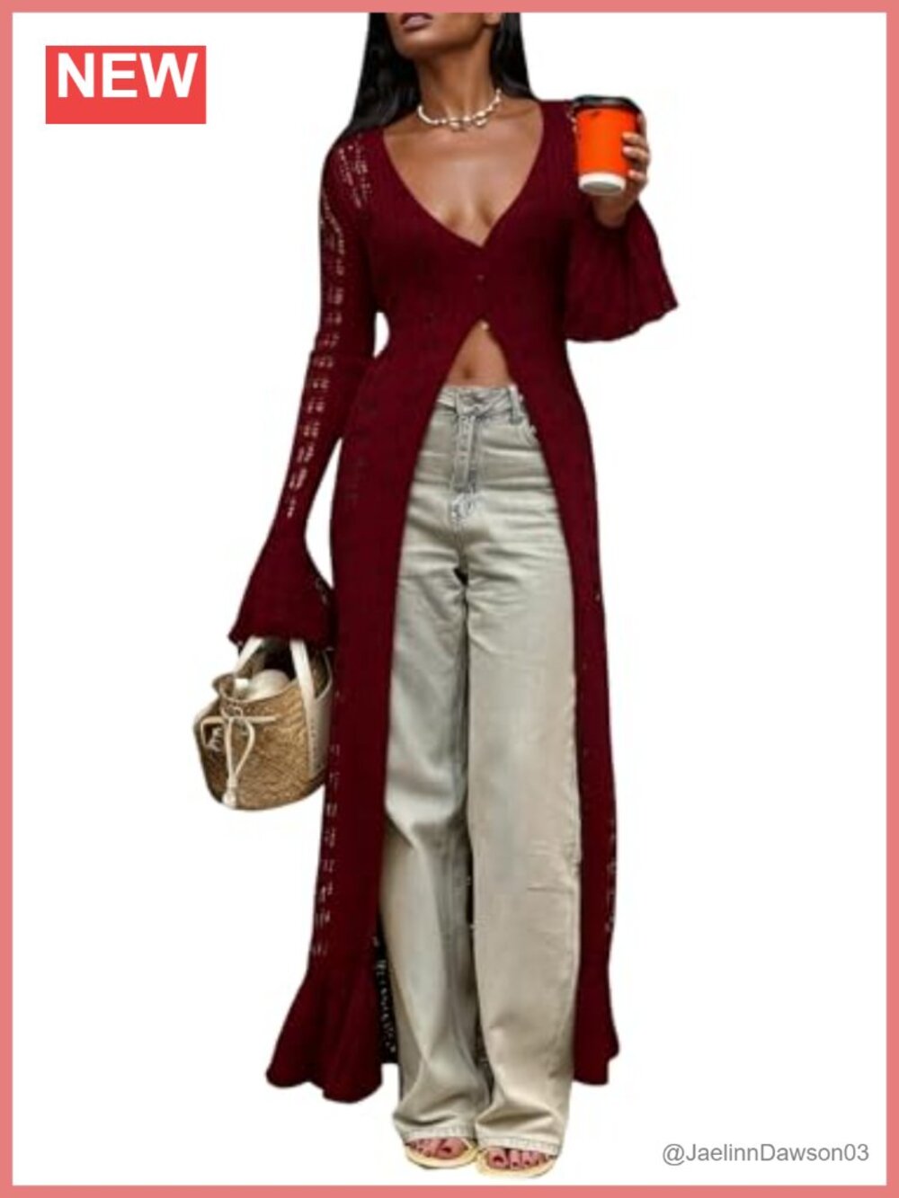 Crochet Cardigan Bell Sleeve Ruffle Knit Hollow Out Lightweight Duster